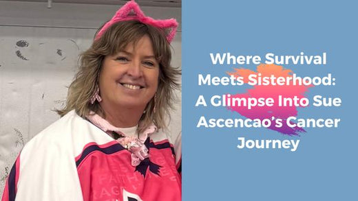 Survivor Sue Ascencao smiling outdoors in a pink hat.
