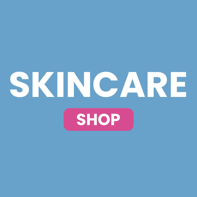 Blue background with large white text that reads SKINCARE and a pink button below with white text that says SHOP.