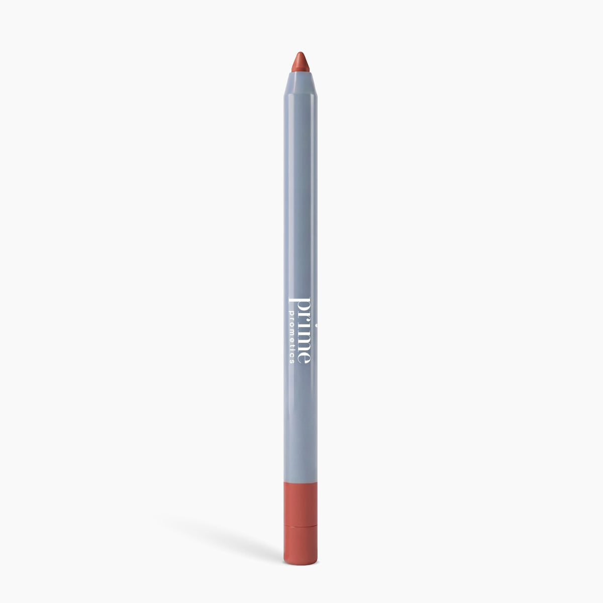 A mauve Velvet Lip Contour pencil from PrimePrometics™ stands upright against a white background, featuring a gray-blue body, matching mauve cap at the bottom, and the brand name printed in white. Ideal as a lip liner for mature lips.