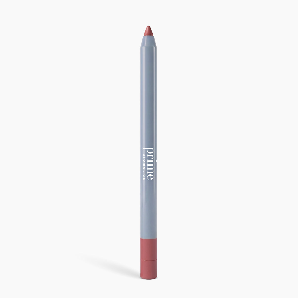 A mauve Velvet Lip Contour pencil by PrimePrometics™ stands upright against a white background, featuring a light blue body, mauve cap, and "prime" and "by Persona" in white on the side.
