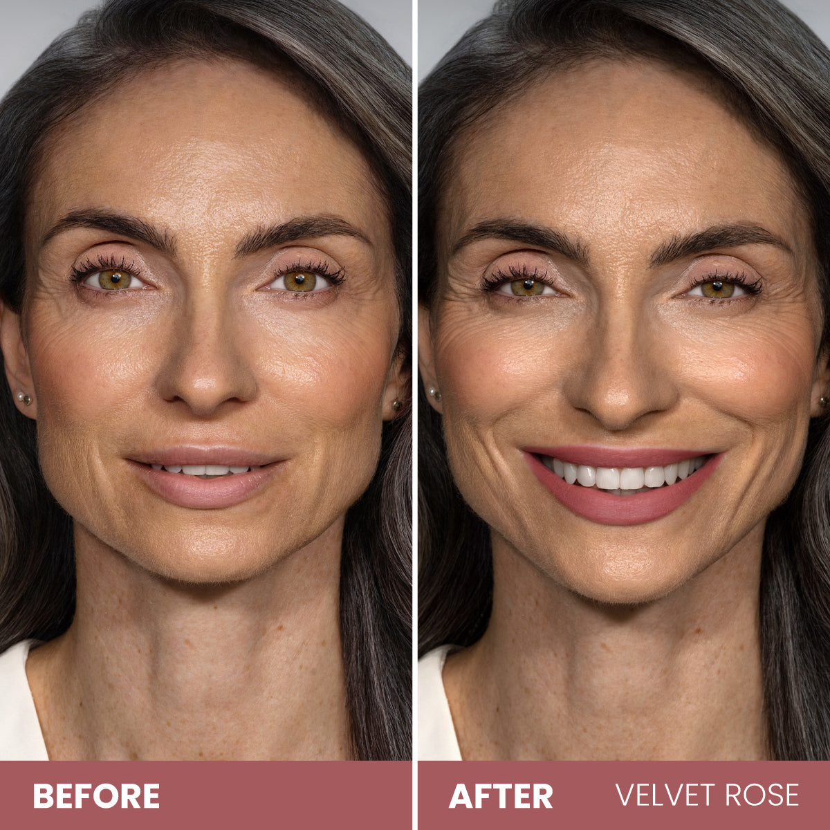 Split image showing a woman before and after applying PrimePrometics™ Soft Lip Duo. Before, her lips are natural; after, she smiles widely with richly colored lips enhanced by the nourishing formula.