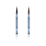 Two PrimePrometics™ 2pcs PrimeEyes Liquid Eyeliner pens with blue barrels stand side by side, one with a black tip and the other brown, both reflected faintly on a white background.