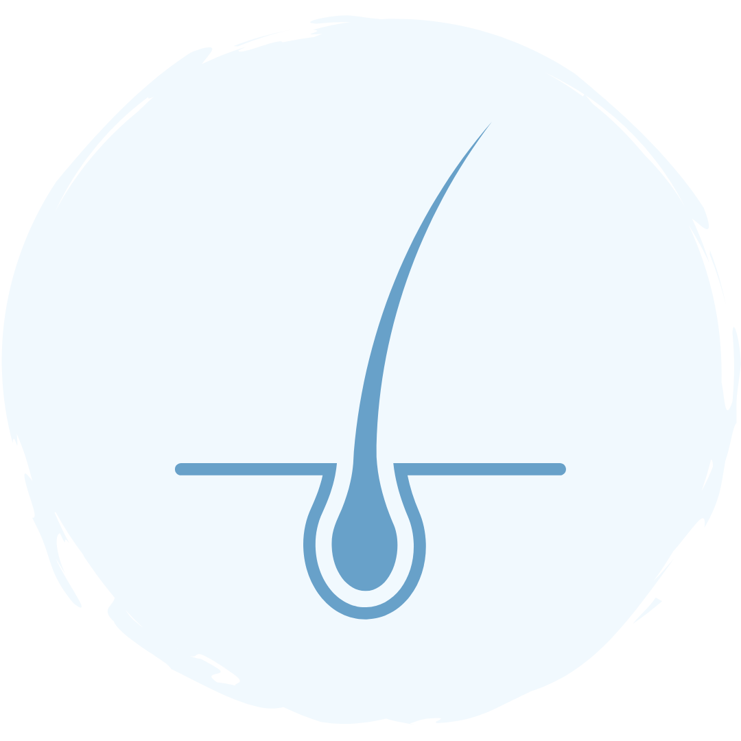 A simple blue icon of a hair follicle with a single hair strand emerging from the skin, set against a light blue circular background.
