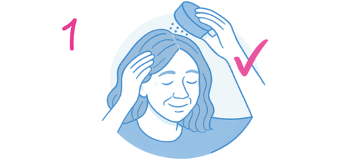 Illustration of a person sprinkling powder onto their scalp with one hand while gently massaging their hair with the other; a pink number 1 and a check mark are visible.