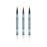 Three PrimePrometics™ 3pcs PrimeEyes Liquid Eyeliner pens, in blue and white packaging, stand upright on a white surface. The left pen has a black tip, the middle is brown-tipped, and the right also features a black tip; all are reflected below.