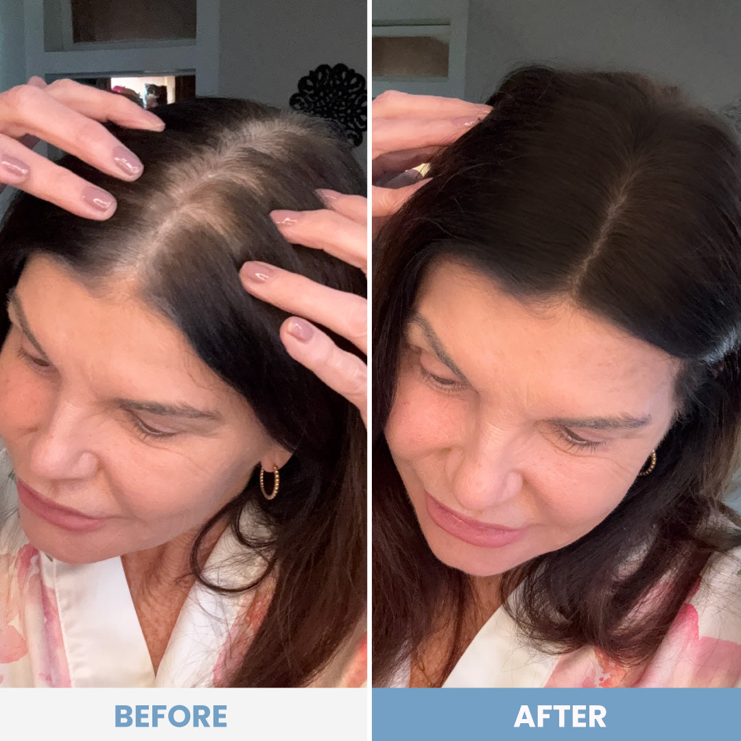 Side-by-side photos of a woman parting her hair. The left Before image shows visible gray roots, while the right After image shows her hair roots fully dark and evenly colored. Both photos are in similar lighting.