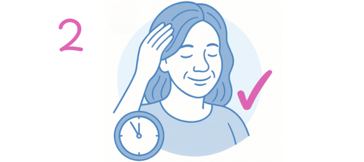 Illustration of a woman with her eyes closed, touching the side of her head with one hand. A clock and a pink checkmark are next to her, and the number 2 is written in pink on the left.