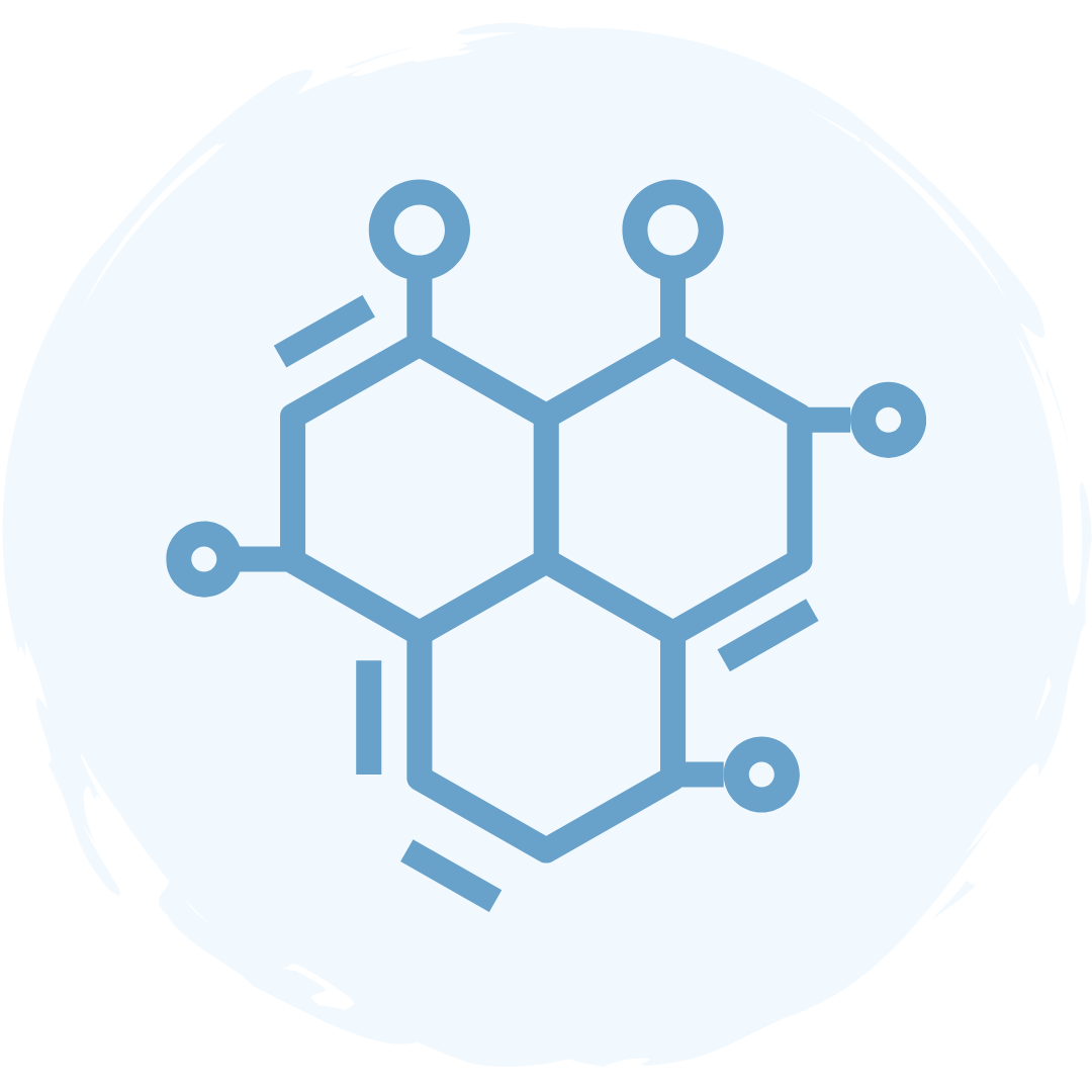 A simplified blue line drawing of a chemical molecule structure with three connected hexagons and several small circles at the edges, set against a light circular background.
