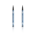 Two PrimePrometics™ 2pcs PrimeEyes Liquid Eyeliner pens stand upright on a white background, featuring white chevron designs near the bottom and visible reflections below. Each pen is blue with a black tip.