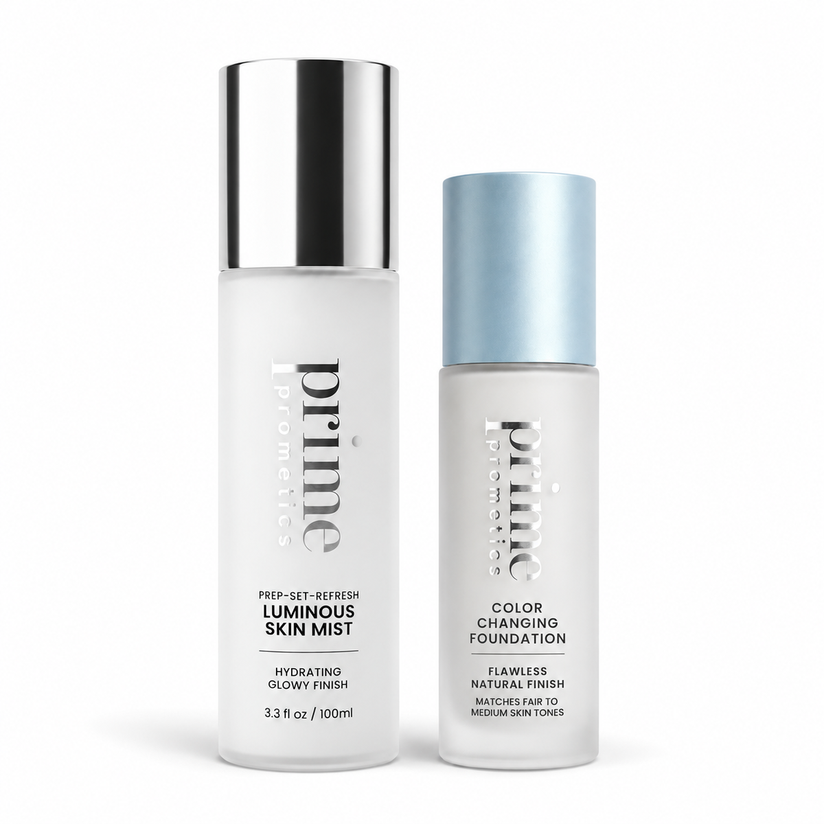 Das PrimePrometics™ No Touch-Ups Needed Duo, bestehend aus einer Flasche Luminous Skin Mist und einer kleineren Flasche farbwechselnder Foundation.