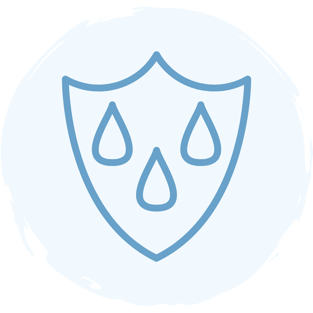 A blue outline of a shield with three water droplets inside, symbolizing water resistance or protection against water, on a light background.