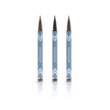 Three PrimePrometics™ PrimeEyes Liquid Eyeliner pens stand upright in a row on a white background, displaying shades of dark brown, black, and light brown with faint reflections below. Set includes 3pcs.