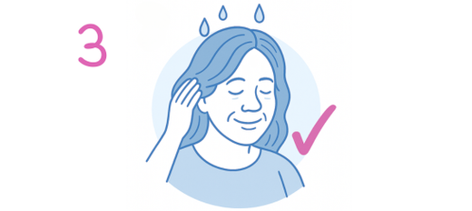 Illustration of a smiling person with three sweat drops above their head, a hand touching their cheek, and a large pink check mark beside them. The number 3 is shown in pink on the left.