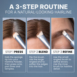 Three panels display the PrimePrometics™ 4-in-1 Hairline Powder Brush in action: 1) Press powder onto part lines, 2) blend edges using the brush’s cruelty-free bristles, and 3) use the small angled tip of this versatile applicator to refine both your hairline and brows.