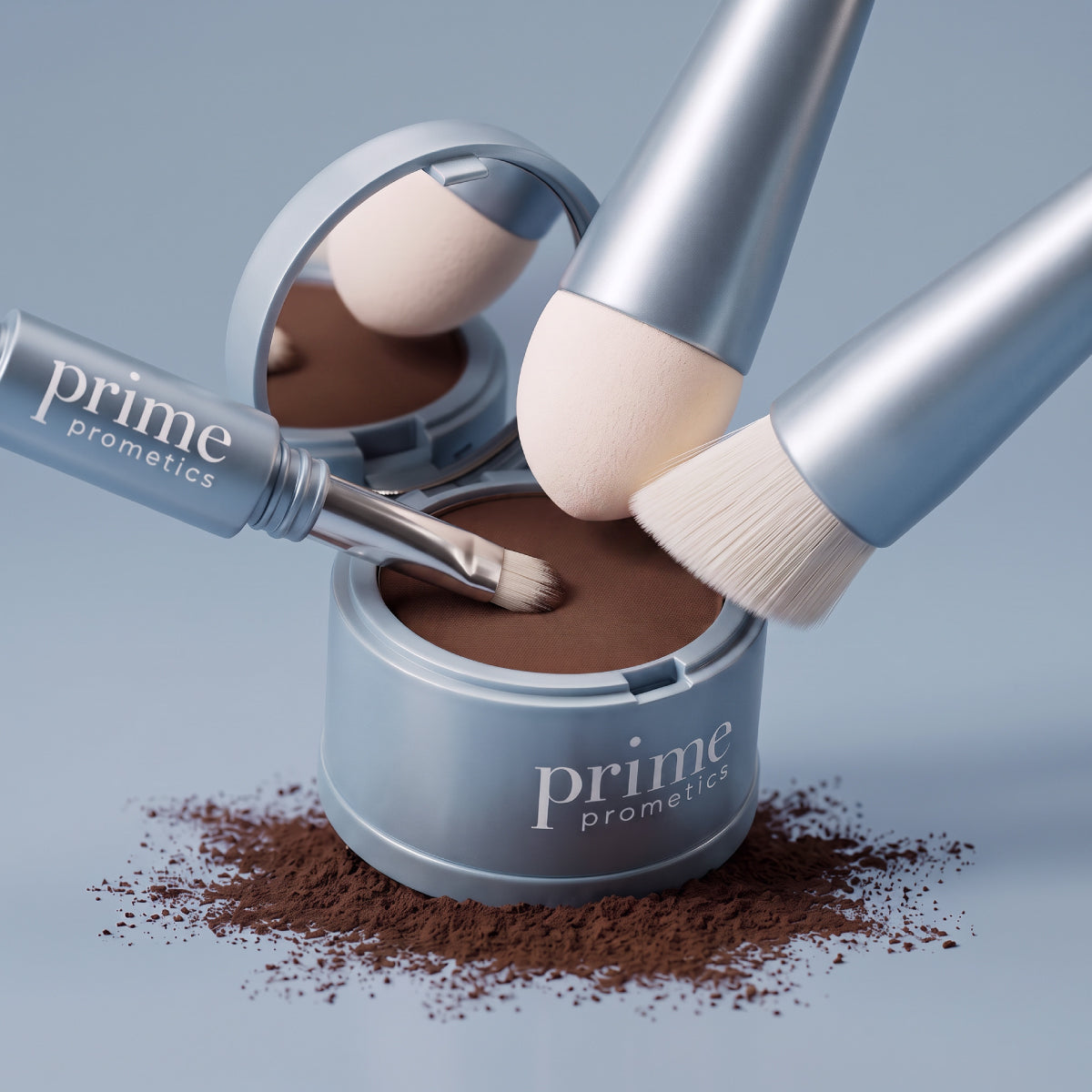 An open blue container of PrimePrometics™ 4-in-1 Hairline Powder Brush sits against a light blue background, with powder scattered beneath it. Three makeup brushes—including the versatile 4-in-1 applicator—rest on and inside the container. Each brush features soft, cruelty-free bristles to ensure flawless application every time.