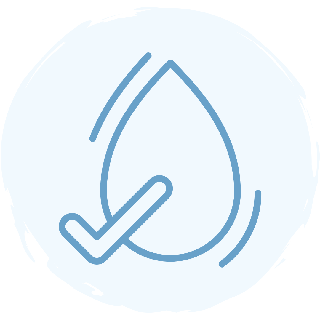 A blue outline of a water droplet with a checkmark overlay, set against a light blue circular background, representing water quality or approval.