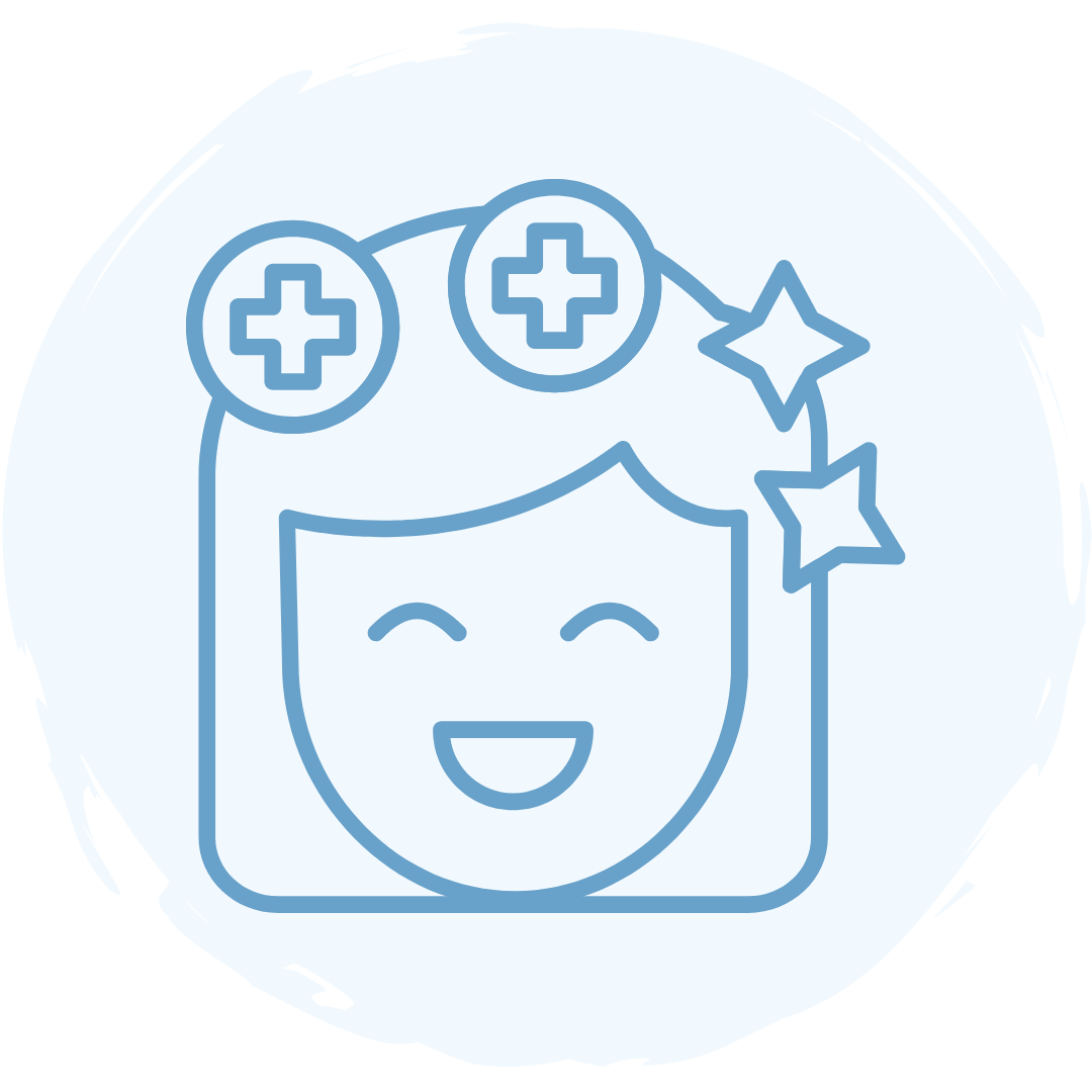 A blue outline icon of a smiling face with closed eyes, medical crosses above the head, and two stars near the hair, suggesting health and happiness.