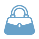 Blue icon of a handbag or purse with a clasp on a light gray background. The design is simple, featuring a curved handle and rounded body.