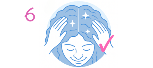 Illustration of a person with closed eyes smiling, using both hands to touch their scalp. Sparkles indicate clean or healthy hair, and a pink checkmark and the number 6 are shown on either side.