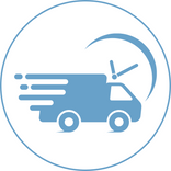 A blue delivery truck with speed lines and a clock in the background, all in a circle, symbolizes PrimePrometics™ Free Shipping—representing fast and express delivery service.