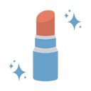 Illustration of a red lipstick in a blue tube with silver accents, surrounded by sparkling blue stars, on a plain white background.