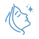 A minimal, blue line drawing of a serene face in profile with closed eyes, looking upward toward sparkling stars, symbolizing beauty, relaxation, or inspiration.