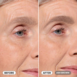 Close-up of an older woman’s eye and cheek, shown in side-by-side before and after photos. In the after image, her eyebrow appears fuller and darker, labeled ash brown.