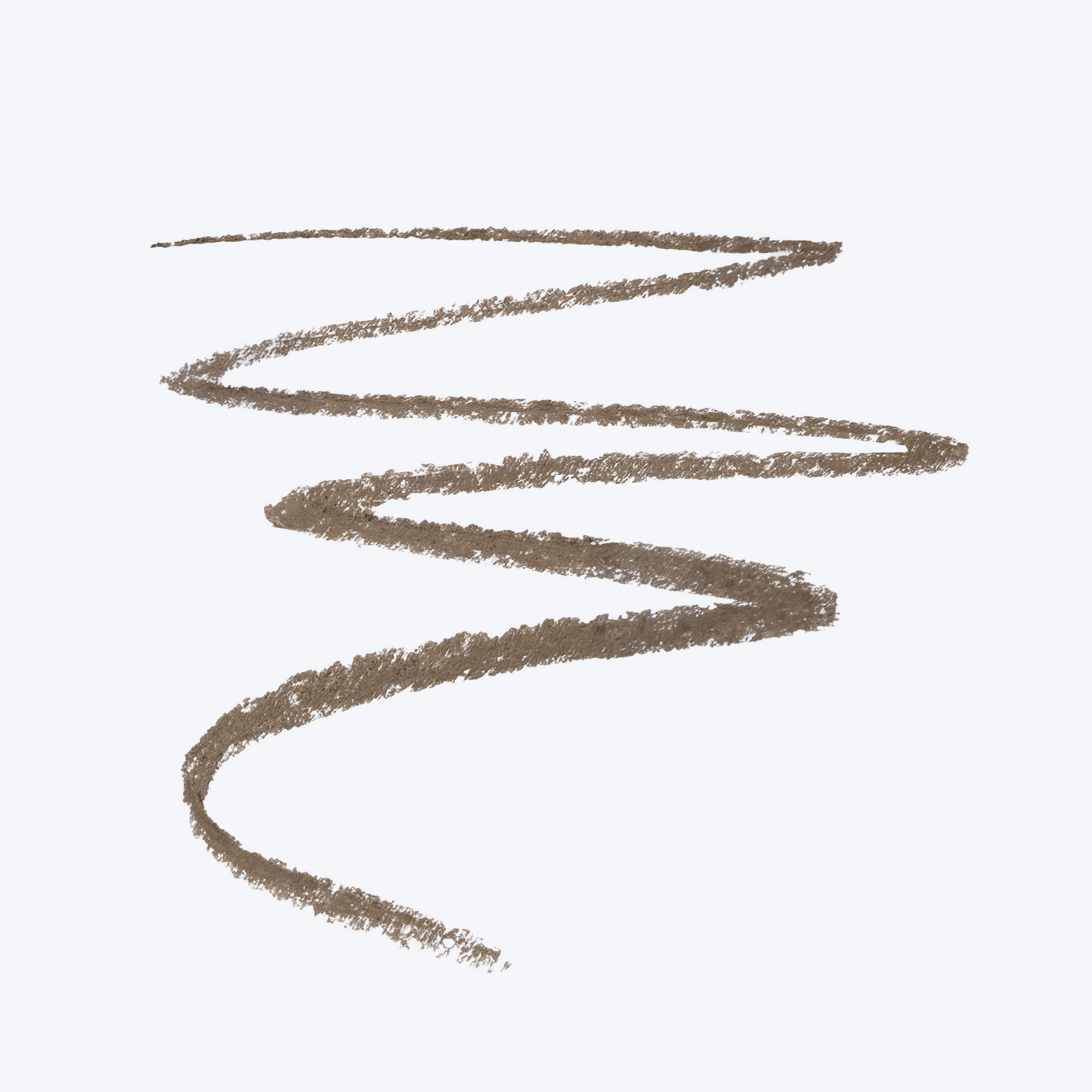 A brown, textured, zigzag line is drawn in a loose spiral pattern on a plain white background, resembling a makeup pencil or crayon stroke.