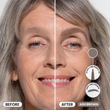 A split image of a smiling older woman, showing her face before (left) and after (right) using an ash brown eyebrow pencil. The after side features fuller, defined brows. Icons highlight ultra-fine pencil tip and hair-like strokes.