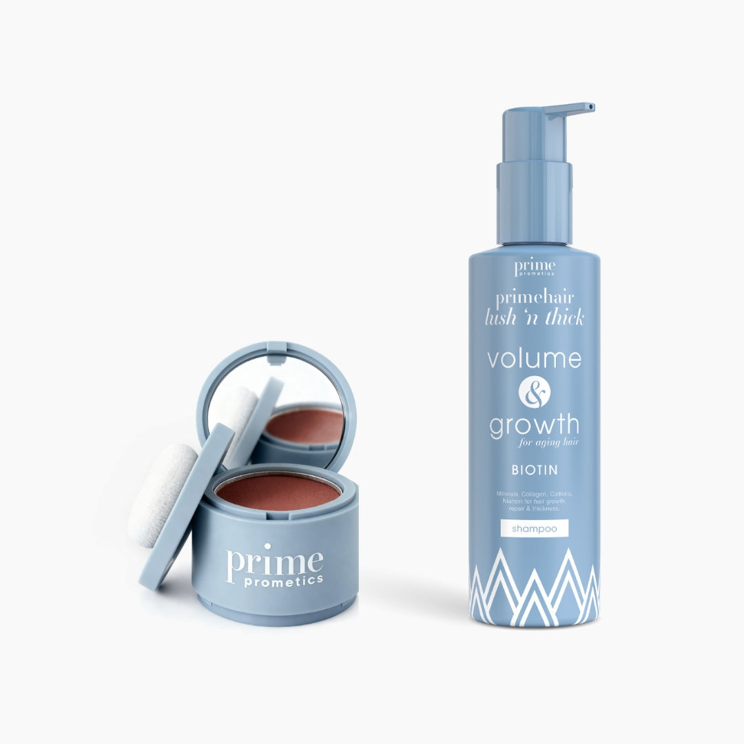 The Flawless Hair Set from PrimePrometics™ features a light blue round makeup container with mirror and sponge, alongside a matching blue pump bottle of volumizing shampoo. Both stand upright in coordinated packaging.