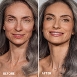 Side-by-side images of a woman with long gray hair: the left (before) is her natural look, while the right (after) shows smooth skin, makeup, and a radiant smile after using PrimePrometics™ Instant Red Carpet Look Set.