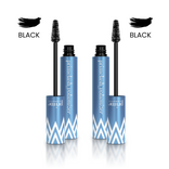 Two opened blue tubes of PrimePrometics™ 2 x PrimeLash Volumizer, featuring white zigzag patterns, stand upright with “BLACK” above each and bold mascara strokes, highlighting this powerful eyelash volumizer on a white background.