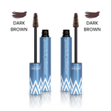 Two blue and white PrimePrometics™ 2 x PrimeLash Volumizer mascara tubes with open wands are displayed beside dark brown swatches labeled DARK BROWN, highlighting this eyelash volumizer and lash enhancer on a white background.