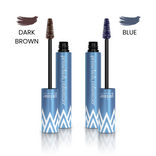 Two open blue mascara tubes with white zigzags display PrimePrometics™ 2 x PrimeLash Volumizer in dark brown and blue. Swatches and labels, DARK BROWN and BLUE, appear above each volumizer wand.