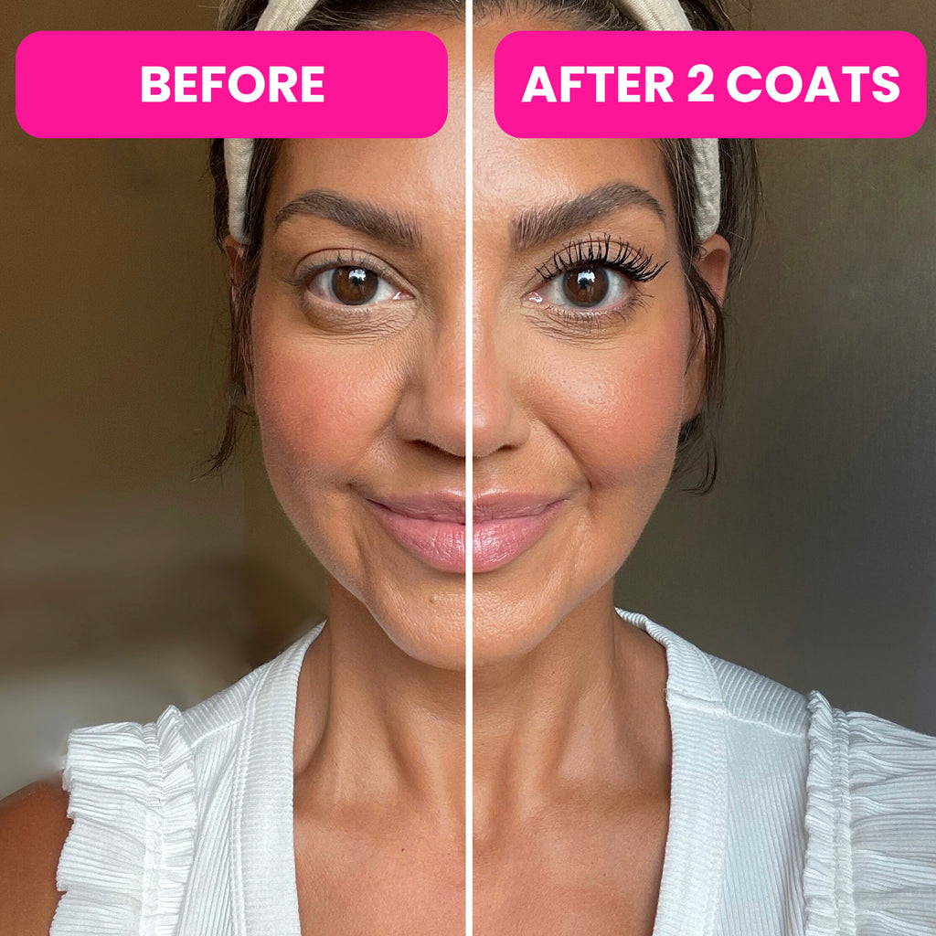 Before-and-after of a mature woman showing visibly longer, more defined lashes after two coats of Prime Prometics PrimeLash Mascara