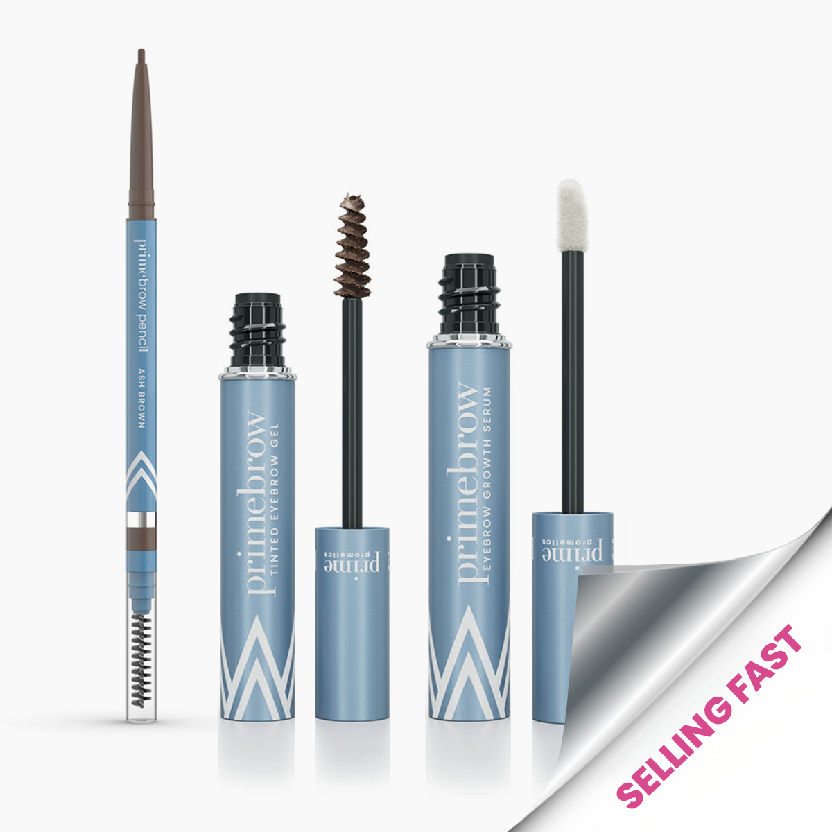 Four Primebrow brow products in blue packaging, including a pencil, tinted brow gel, clear brow gel, and growth serum, are displayed upright. A silver corner banner reads SELLING FAST in pink text.