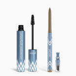A set of PrimePrometics™ Eye Upgrade Duo products in blue and white zigzag design, including an open volumizer mascara with brush and a Glide Eyeliner pencil, displayed upright on a white background.