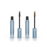 Two tubes of PrimeBrow Tinted Gel by PrimePrometics™ in blue and white packaging, each with a brush applicator showing different brown shades, stand upright on a white background—ideal for natural color and gray eyebrow coverage.