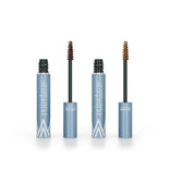 Two blue tubes of PrimePrometics™ 2pcs PrimeBrow Tinted Gel stand upright with wands out, each displaying a different shade—dark brown and light brown—that cover gray eyebrows, shown against a white background.