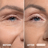 Close-up side-by-side comparison of a woman's eye area with more wrinkles in the “Before” image and smoother, lifted skin with curled lashes in the “After” using 2pcs PrimeEyes Eye Brightener by PrimePrometics™. Text: “BEFORE” and “AFTER ESTRELLA.”.