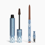 PrimePrometics™ Eye Upgrade Duo: an open tube of volumizer mascara with wand and a retractable Glide Eyeliner pencil with sharpener, both in blue with white chevron patterns, displayed against a white background.