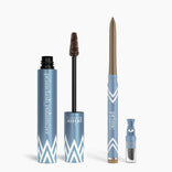 The PrimePrometics™ Eye Upgrade Duo includes two blue makeup products: a Volumizer mascara labeled PrimeLash and a Glide Eyeliner with a cap and built-in sharpener, both featuring white zigzag patterns.