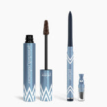 The PrimePrometics™ Eye Upgrade Duo features blue and white chevron packaging, with a volumizer mascara (wand visible), Glide Eyeliner pencil, and small sharpener arranged upright on a white background.