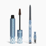 The PrimePrometics™ Eye Upgrade Duo features a blue Volumizer mascara with a zigzag white pattern and its wand, paired with a matching Glide Eyeliner pencil and a small sharpener, all displayed on a light background.