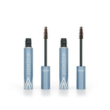 Two open tubes of PrimePrometics™ 2pcs PrimeBrow Tinted Gel with spoolie applicators show brown product. The light blue tubes have white text and geometric accents, standing upright on a white background. Ideal for covering gray eyebrows.