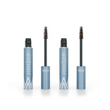 Two tubes of PrimePrometics™ 2pcs PrimeBrow Tinted Gel in blue and white packaging are open, showing spoolie brushes with brown gel for covering gray eyebrows, all displayed on a white background.