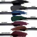 Prime Prometics PrimeLash Mascara shade range with brush wands and swatches in Black, Smoky, Navy Blue, Emerald, Mulberry, Brown, and Burgundy