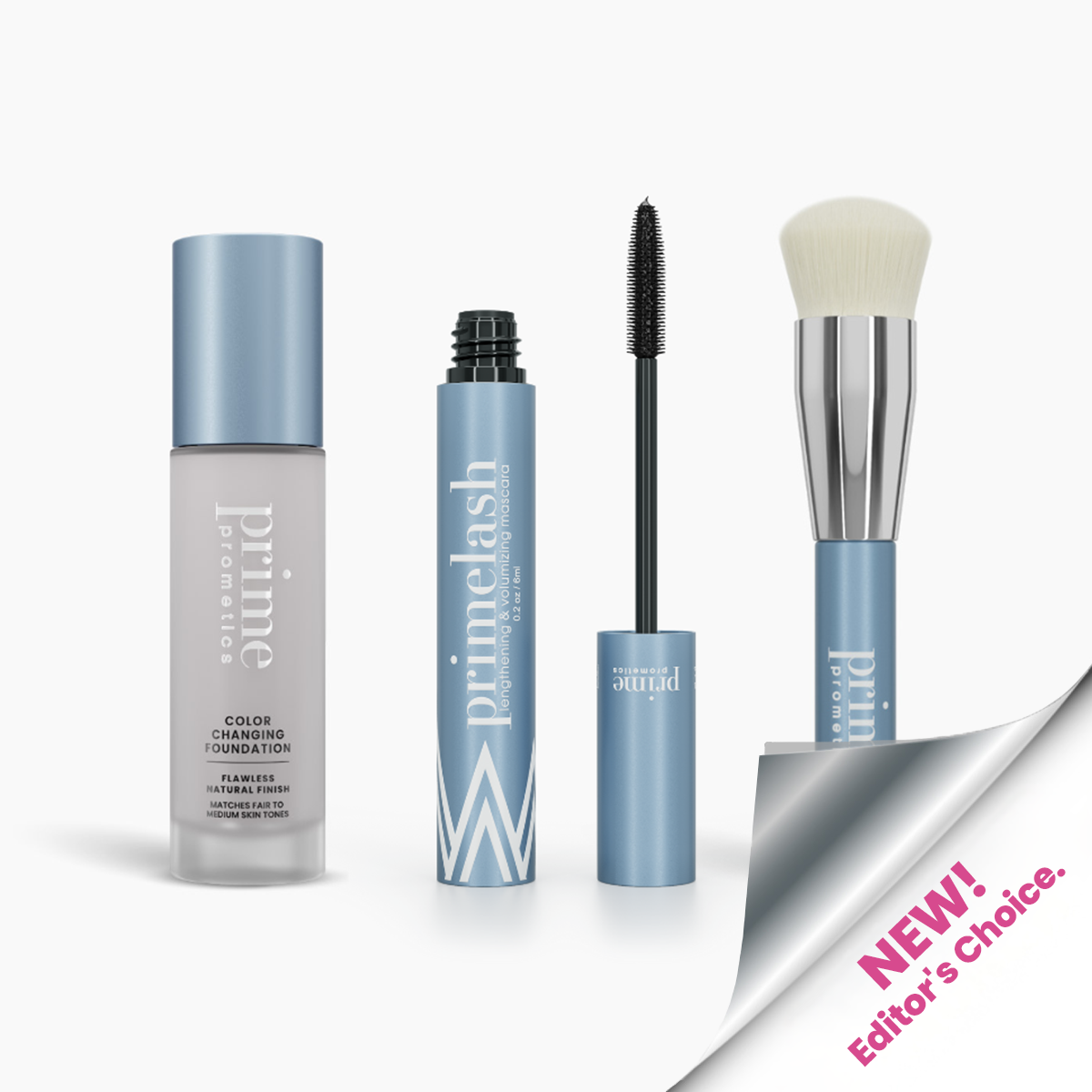A set of makeup products including foundation, mascara, and a brush with blue and silver packaging. A silver sticker in the corner reads NEW! Editors Choice. on a white background.