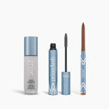 The PrimePrometics™ Prime Heroes Set features three makeup products with blue and white packaging—foundation, mascara, and eyeliner—arranged side by side on a white background.