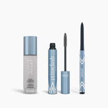 The PrimePrometics™ Prime Heroes Set features three makeup products in light blue packaging—foundation, mascara with wand exposed, and a twist-up eyeliner pencil—all standing upright on a white background.